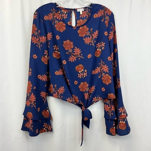 Self Love Womens Blouse Top Multicolor Floral Long Sleeve Ruffled Stretch Tie L - Picture 1 of 11
